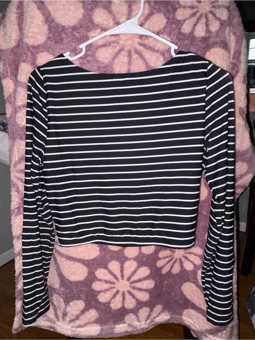 Black & White Striped Long-Sleeve Bikini Top
